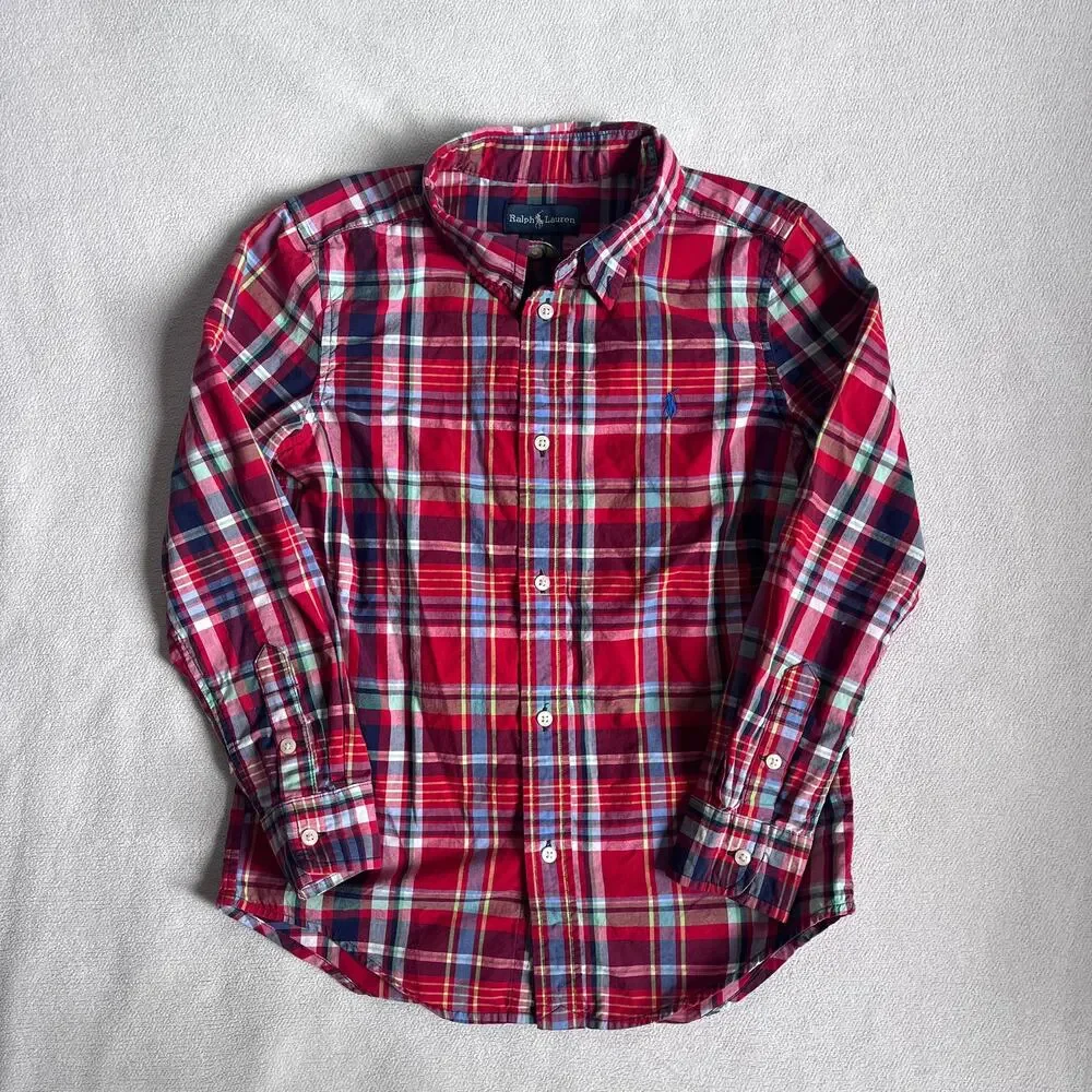 Ralph Lauren Button Down Shirt Size Boy's 7 Red Festive Holiday